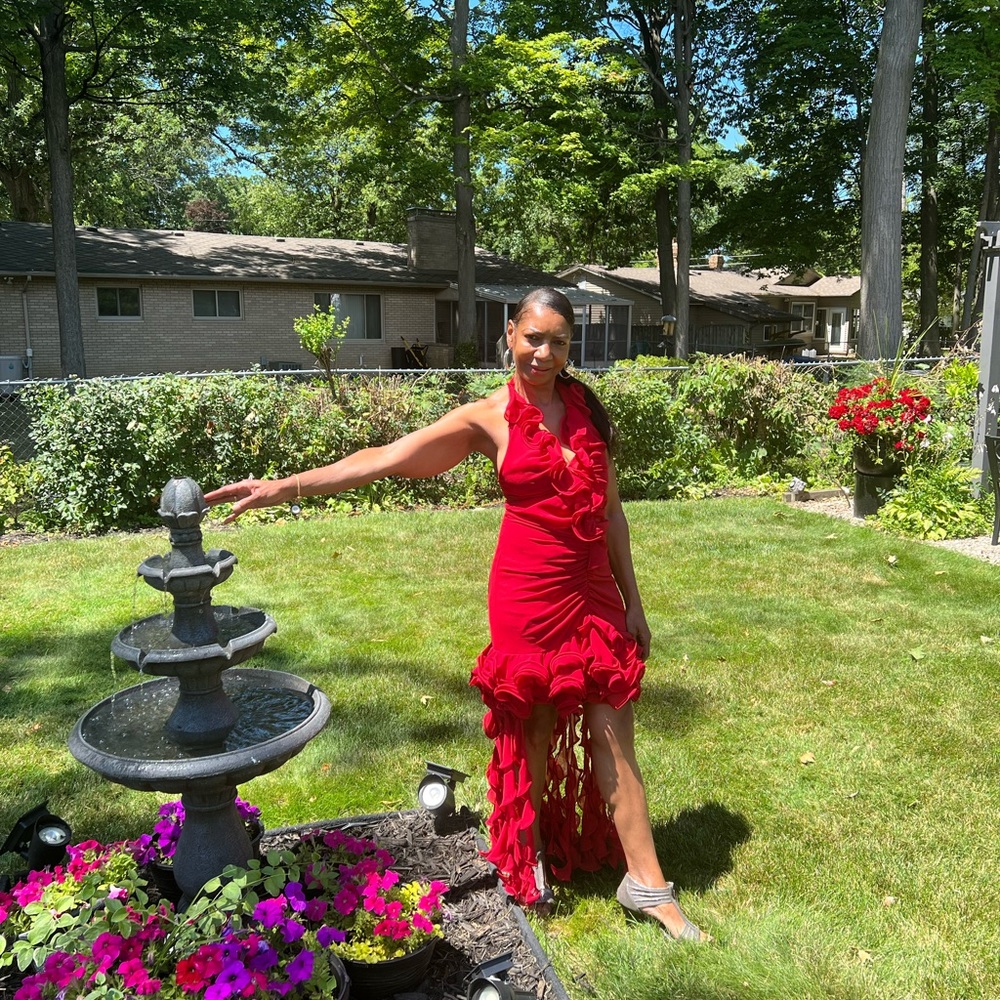 Red hi low formal gown